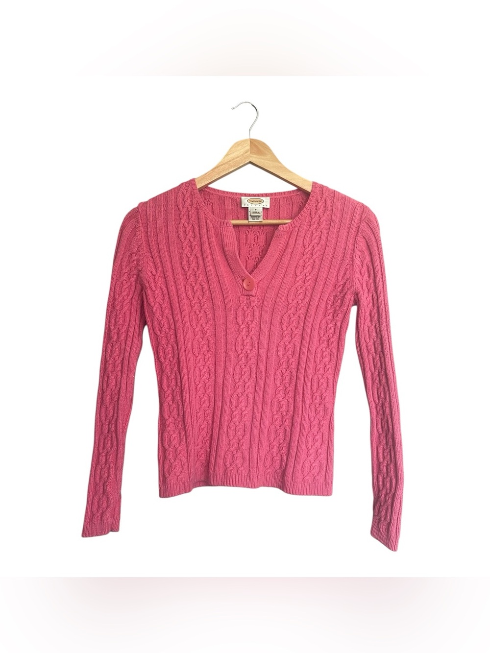 VTG Talbots Pink Cable Knit V-Neck Sweater